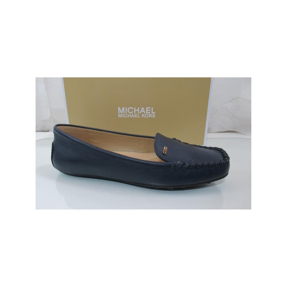 Michael Kors Eve Moccasin Leather MK Logo Navy Size 8